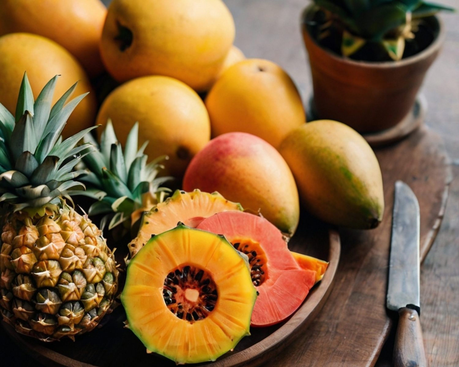 Juicy exotic fruits close up. Pineapple, papaya, mango, gragon fruit on table ready to eat